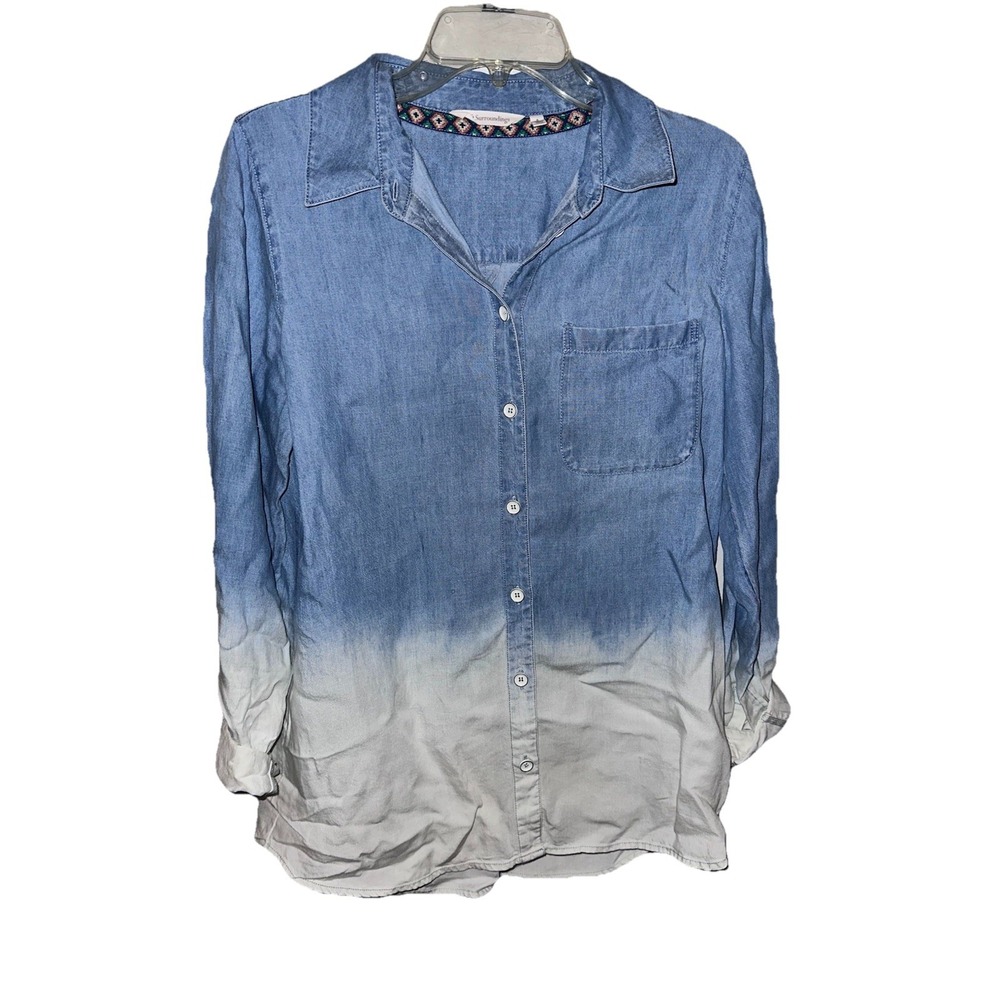 Soft Surroundings Top Size Small Button Down Chambray Linen Tunic Blue Ombré